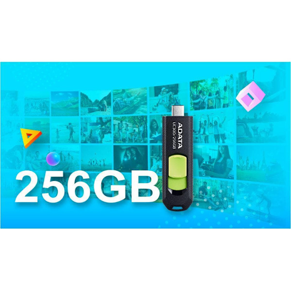 MEMORY DRIVE FLASH USB-C 256GB/ACHO-UC300-256G-RBK/GN ADATA Sort, Grøn