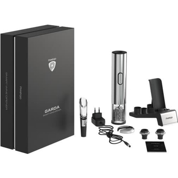 Prestigio Garda, smart wine opener, simple operation with 2 buttons, aerator, vacuum stopper preserver, foil cutter, opens up to 50 bottles wihout rec