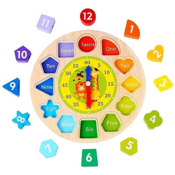 Wooden Educational Sorter Clock Learning Numbers Shapes Colours