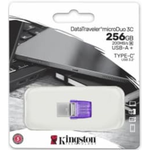 Kingston Technology DataTraveler 256GB microDuo 3C 200MB/s dual USB-A + USB-C Rustfrit stål, Lilla
