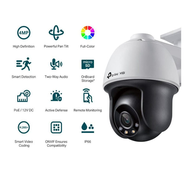 TP-LINK | VIGI 4MP Outdoor Full-Color Pan Tilt Network Camera | VIGI C540 | month(s) | Dome | 4 MP | 4 mm | IP66 | H.265+/H.265/H.264+/H.264 | MicroSD Sort, Hvit