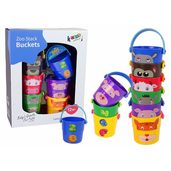 A set of colorful buckets with animals - a pyramid