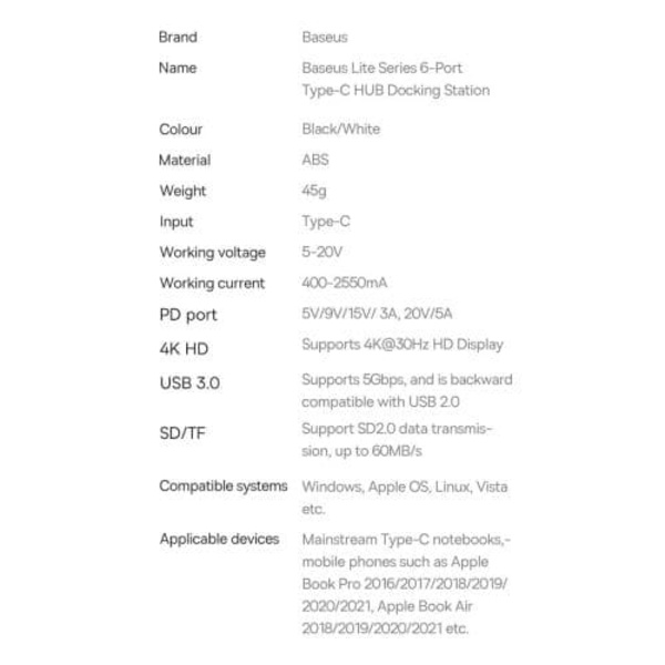 Baseus Hub Type-C / 2x USB 3.0 / PD Type-C / HDMI 1.4 / SD / TF