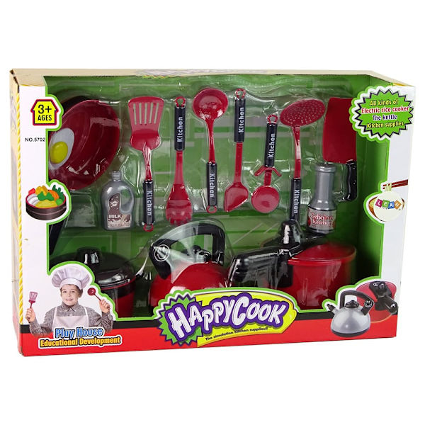 A set of red kitchen utensils pots