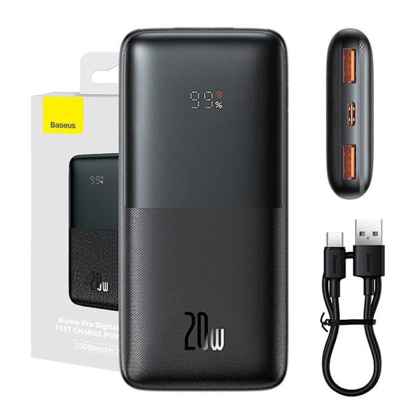 Powerbank Baseus Bipow Pro 10000mAh, 2xUSB, USB-C, 20W (black) Sort