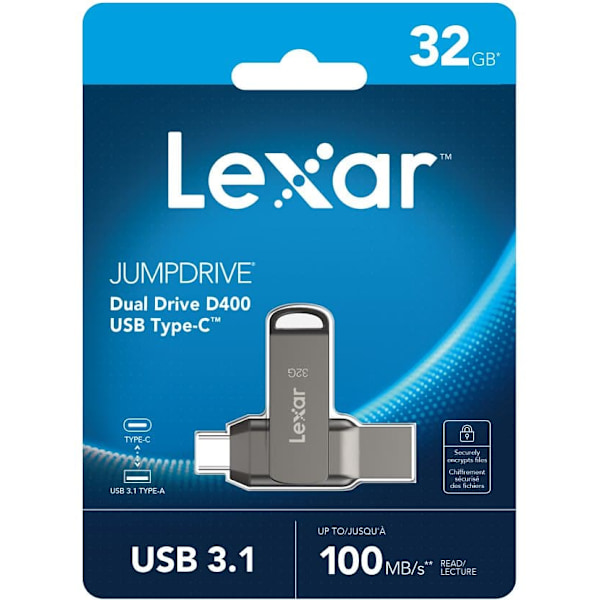 Lexar | 2-in-1 Flash Drive up to 100MB/s read | JumpDrive Dual Drive D400 | 32 GB | Type-C and Type-A USB 3.1 | Grey Harmaa