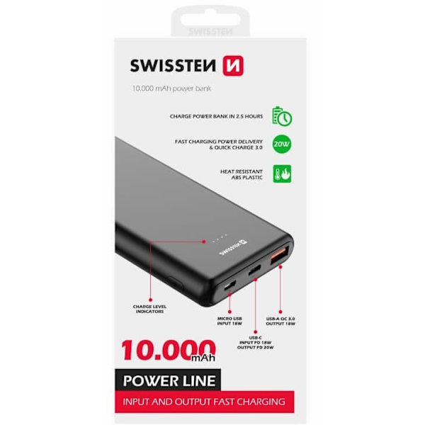 Swissten Line Power Power Bank USB / USB-C / Micro USB / 20W / 10000 mAh Sort
