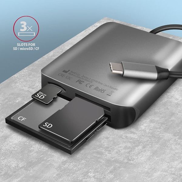 AXAGON Aluminum high-speed USB-C 3.2 Gen 1 memory card reader, 3 slots | CRE-S3C