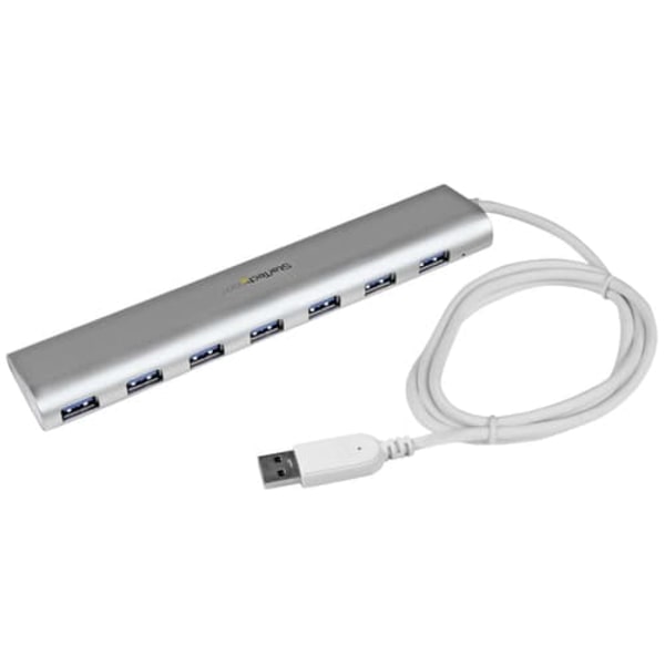 StarTech.com 7 Port Compact USB 3.0 Hub with Built-in Cable - Aluminum USB Hub - Silver USB3 Hub with 20W Power Adapter (ST73007UA) - USB peripheral s