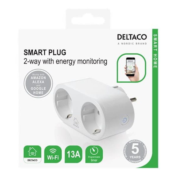 DELTACO SMART HOME switch, WiFi 2.4GHz, energy monitoring, 2xCEE 7/3, 13A, timer, white / SH-P02E