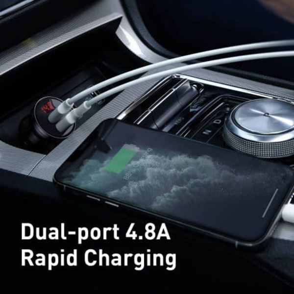 Baseus car charger with display, 2x USB, 4.8A, 24W (silver)