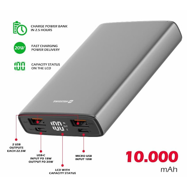 Swissten Aluminium Power Power Bank 2xUSB / USB-C / Micro USB / 20W / 10000 mAh