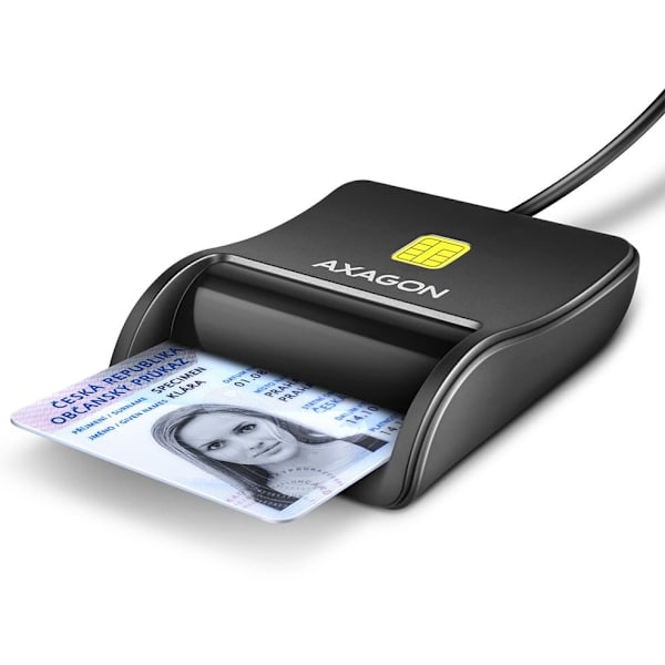 Compact desktop USB contact Smart / ID card reader with long, USB-A cable.