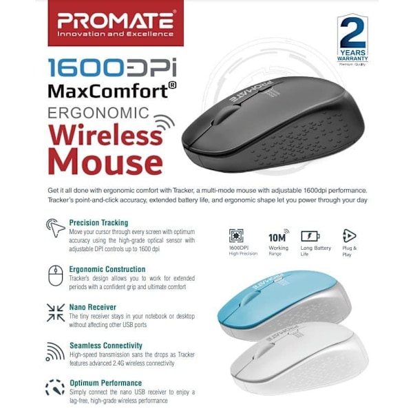 PROMATE TRACKER MaxComfort® Ergonomic Wireless Mouse