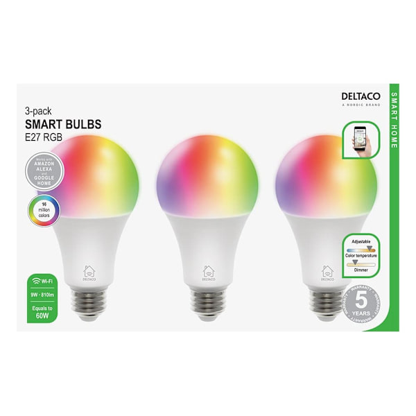 RGB LED lamp 3-pack DELTACO SMART HOME E27, WiFI 2.4GHz, 9W, 810lm, dimmable, 16m colors, 220-240V, white / SH-LE27RGB-3P