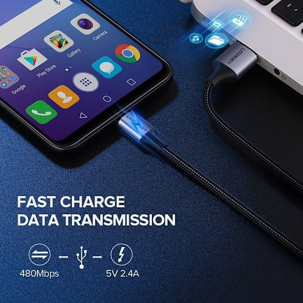 CABLU alimentare si date Ugreen, "US290", Fast Charging Data Cable pt. smartphone, USB la Micro-USB, braided, 2m, negru "60148" (timbru verde 0.08 lei