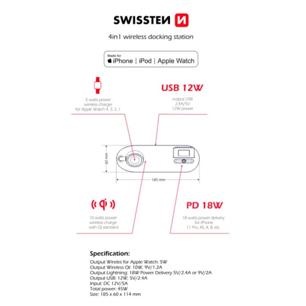 Swistten 4in1 MFI Wireless Docking Station 45W for Apple iPhone / iPod / Apple Watch