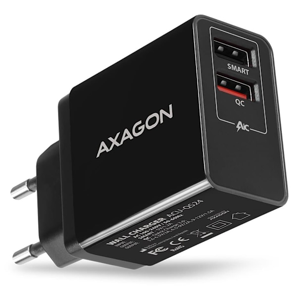 AXAGON Dual wallcharger 240V/2x USB port QC3.0/AFC/FCP and 5V-1.2A, 24W | ACU-QS24 Sort