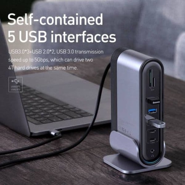 Baseus HUB Working Station Three-Screen Multifunction Type-C Adapter (CN+EU+UK) Dark Gray CAHUB-DG0G