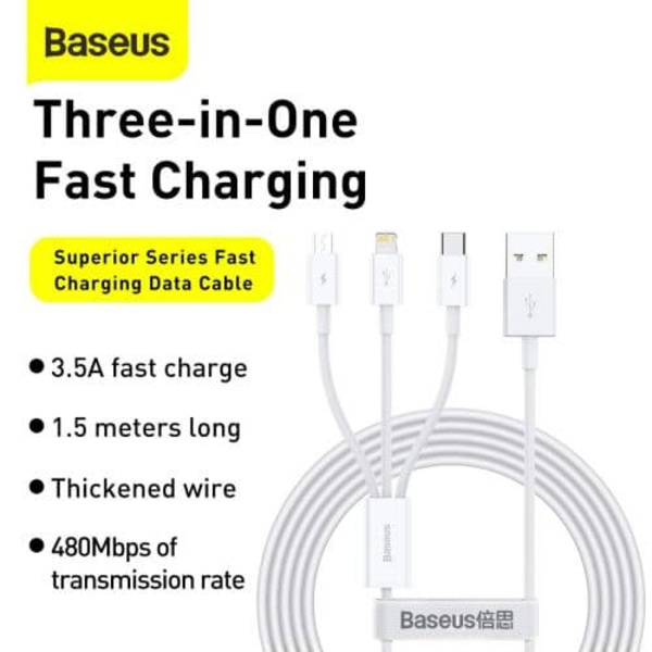 Baseus Cable Superior Series 3-in-1 Fast Charging Data Cable USB to M+L+C 3.5A 1.5m White (CAMLTYS-02)