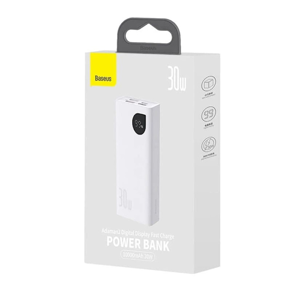 Baseus Power Bank Adaman2 with Digital display, C+U+U, PD 3.0, QC 3.0, 30W, 10000 mAh, with Type-C cable (0.3m), White (PPAD080002)