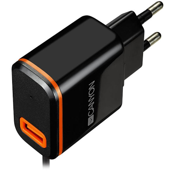 CANYON H-042 Universal 1xUSB AC charger (in wall) with over-voltage protection, plus Type C USB connector, Input 100V-240V, Output 5V-2.1A, with Smart musta, Oranssi