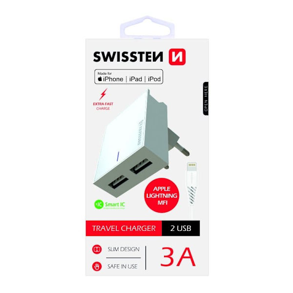 Swissten MFI Apple Certified Travel Charger USB 3А / 15W With Lightning Cable 1.2m
