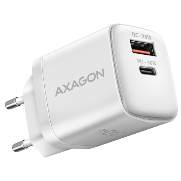 Axagon Sil wallcharger 2x port (USB-A + USB-C), PD3.0/QC4+/PPS/AFC/Apple. 30W total power. Valkoinen