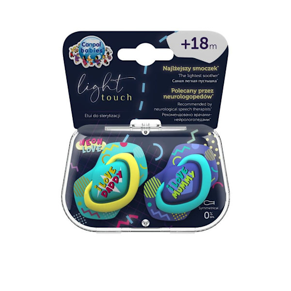 CANPOL BABIES silicone symmetrical soothers NEON LOVE, 18m+, 2 pcs, 22/654_blu