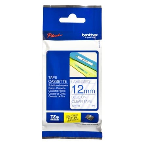 BROTHER TZE133 12mm BLUE ON CLEAR