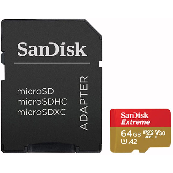 SanDisk Extreme microSDXC 64GB for Action Cams and Drones + SD Adapter + 1 year RescuePRO Deluxe up to 170MB/s & 80MB/s Read/Write speeds A2 C10 V30 U