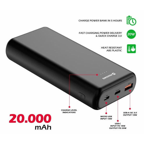 Swissten Line Power Power Bank USB / USB-C / Micro USB / 20W / 20000 mAh Sort