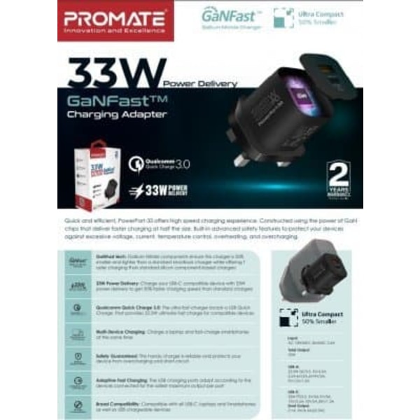 PROMATE PowerPort-33 GaNFast Charger adapter 33W / USB-C PD / USB-A