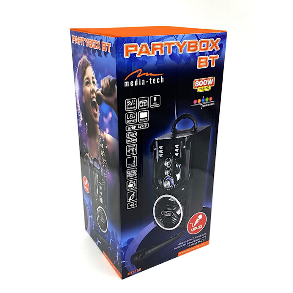 Głośnik PARTYBOX BT MT3150 Karaoke/Bluetooth 5.0/FM/MP3/USB/AUX/LED/USB-C/RMS 18W/PMPO 800W. Sort