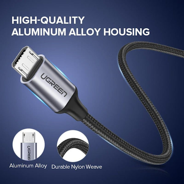 CABLU alimentare si date Ugreen, "US290", Fast Charging Data Cable pt. smartphone, USB la Micro-USB, braided, 2m, negru "60148" (timbru verde 0.08 lei