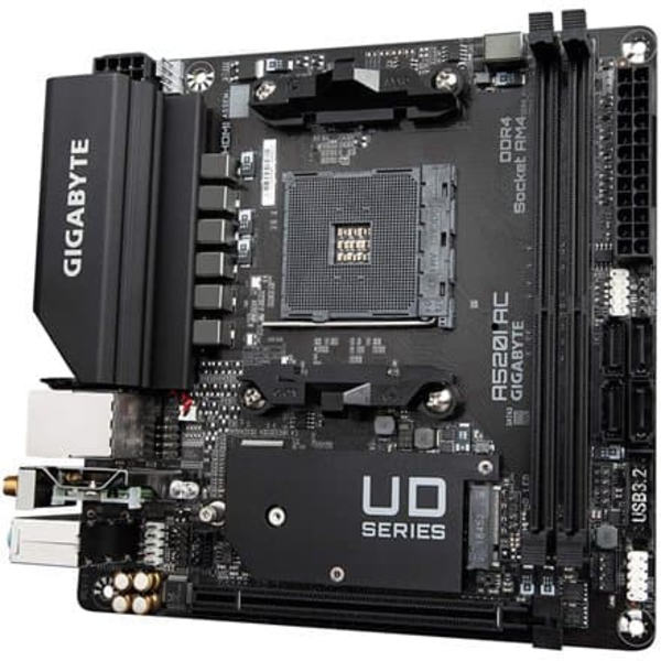 GIGABYTE A520I AC Motherboard - Supports AMD Ryzen 5000 Series AM4 CPUs, 6 Phases Digital VRM, up to 5300MHz DDR4 (OC), 1xPCIe 3.0 M.2, WIFI, GbE LAN,