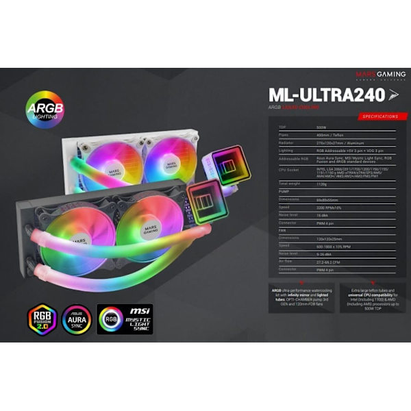 Mars Gaming ML-ULTRA240 CPU Liquid Cooling FDB/ARGB / TRX4/TR4 / AM5 / LGA1700 CPU Liquid Cooling FRGB