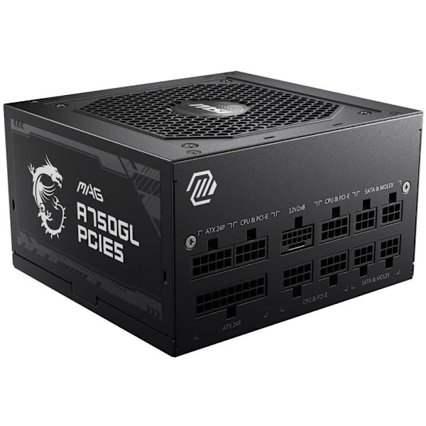 MSI MAG A750GL PCIE5, 750W, 80 Plus Gold, ATX Form Factor, 100~240 Vac Input Voltage, 47Hz ~ 63Hz Input Frequency, 120 mm Fan, 140 x 150 x 86mm, Activ