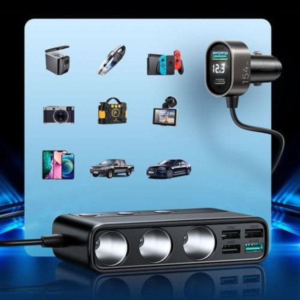 Joyroom Car Charger 9-in-1, (C+U+U+U+U+U+ 3 cigarette lighter socket) 154W, Black (JR-CL06)