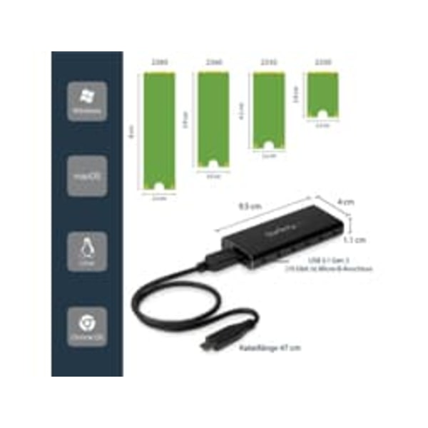 StarTech.com M.2 SSD Enclosure for M.2 SATA SSDs - USB 3.1 (10Gbps) with USB-C Cable - External Enclosure for USB-C Host - Aluminum (SM21BMU31C3) - st Sort, Sølv