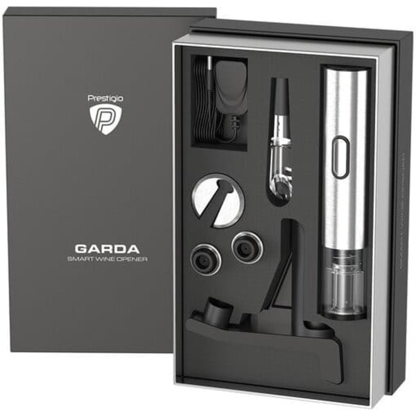 Prestigio Garda, smart wine opener, simple operation with 2 buttons, aerator, vacuum stopper preserver, foil cutter, opens up to 50 bottles wihout rec