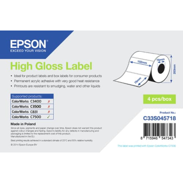 High Gloss Label - Die-cut Roll: 102mm x 76mm, 1570 labels
