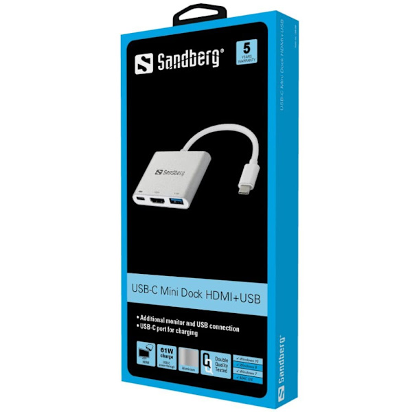 Sandberg 136-00 USB-C Mini Dock HDMI+USB Gjuten aluminium, Vit