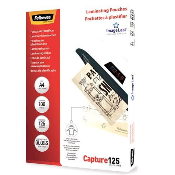 Fellowes | Laminating Pouch PREMIUM | A4 | Glossy | Thickness: 125 micron, Qty Per Pack: 100 pcs; Ideal for notices, craft materials, signage and freq