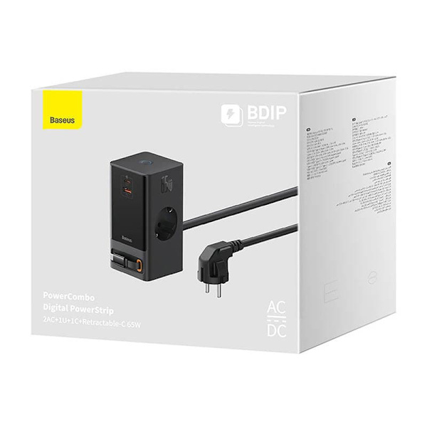 Baseus PowerCombo Wall charger / Powerstrip 65W Sort