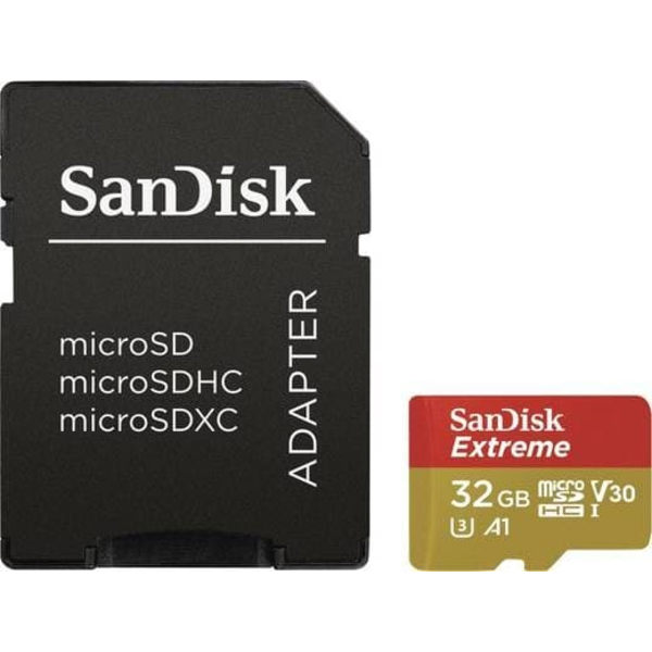 SanDisk Extreme microSDHC 32GB for Action Cams and Drones + SD Adapter - 100MB/s A1 C10 V30 UHS-I U3