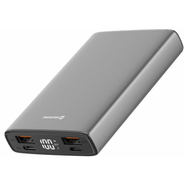 Swissten Aluminium Power Power Bank 2xUSB / USB-C / Micro USB / 20W / 10000 mAh Harmaa