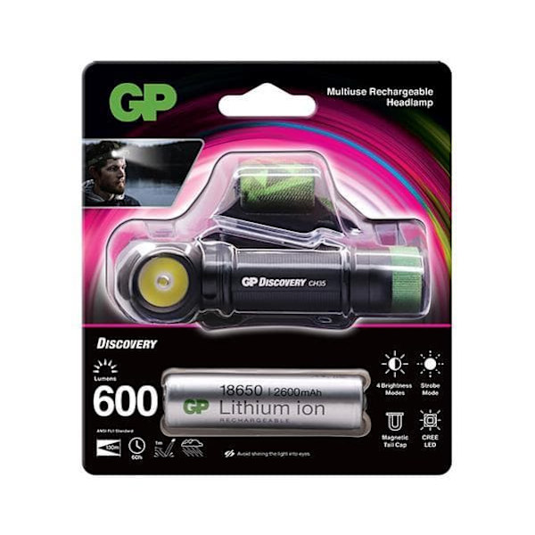 GP Discovery Rechargeable Multi-Purpose Headlamp and Flashlight, CHR35, 600 lumens Sort, Grøn