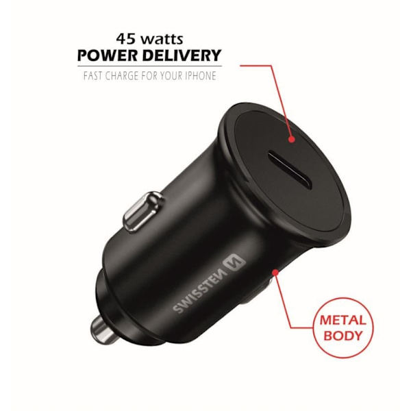 Swissten 45W PD Metal Car Charger Adapter USB-C Sort