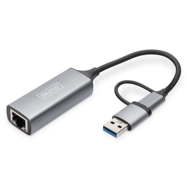 Digitus USB Type-C Gigabit Ethernet Adapter 2.5G, USB-C + USB A (USB3.1/3.0) | DN-3028 | USB3.0/USB C 3.1 to 2.5G Ethernet Adapter